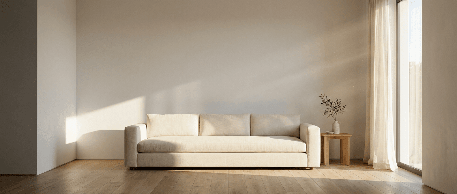 A sunlit minimalist living room with a low cream sofa anchoring the space, warm afternoon light raking across the oak floor
