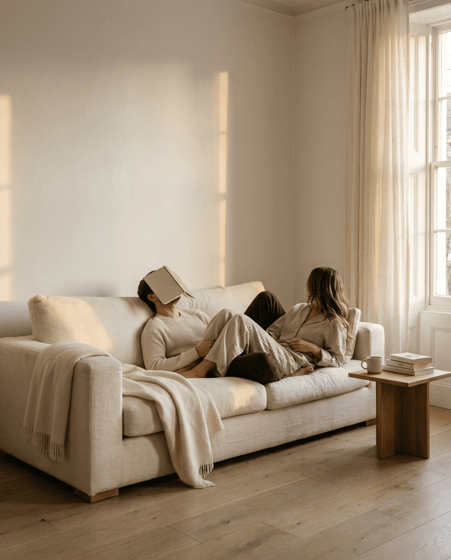 A couple relaxing on a cream sofa at golden hour in a minimalist living room