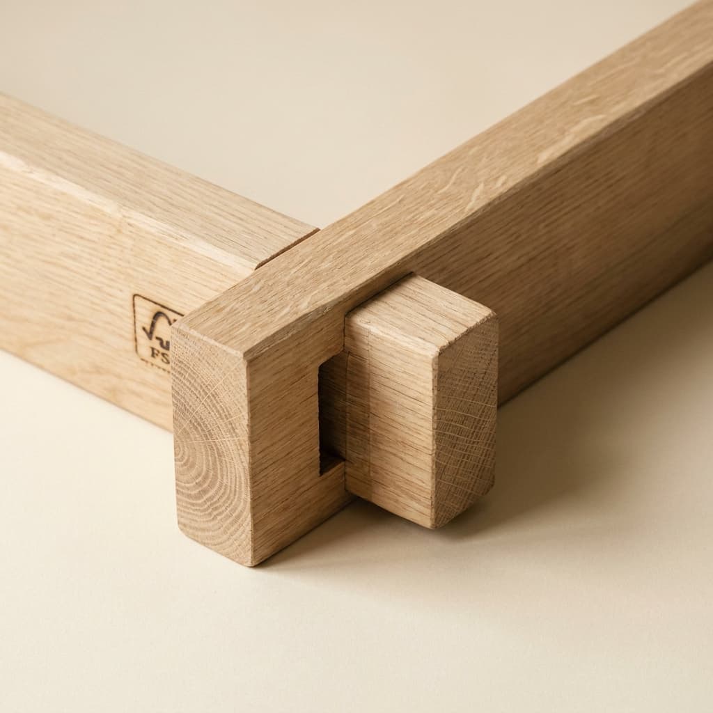 Extreme close-up macro of an oak hardwood sofa frame corner showing a mortise-and-tenon joint with visible end-grain, hand-tool marks, and a small burned FSC certification stamp