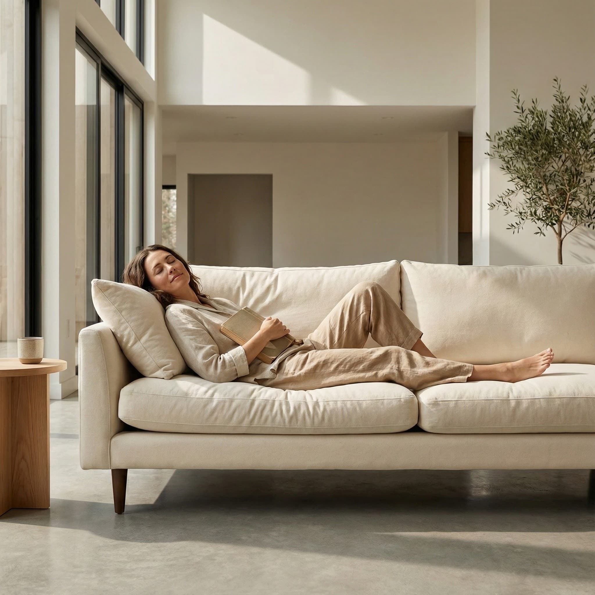 Person experiencing deep comfort on Covelle sofa