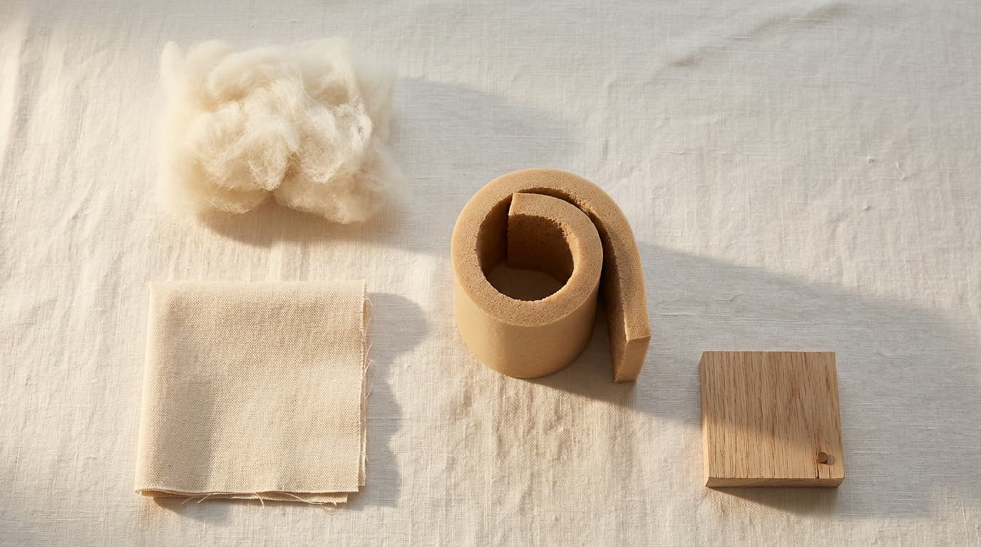 Cotton-linen, wool, natural latex, and hardwood material samples