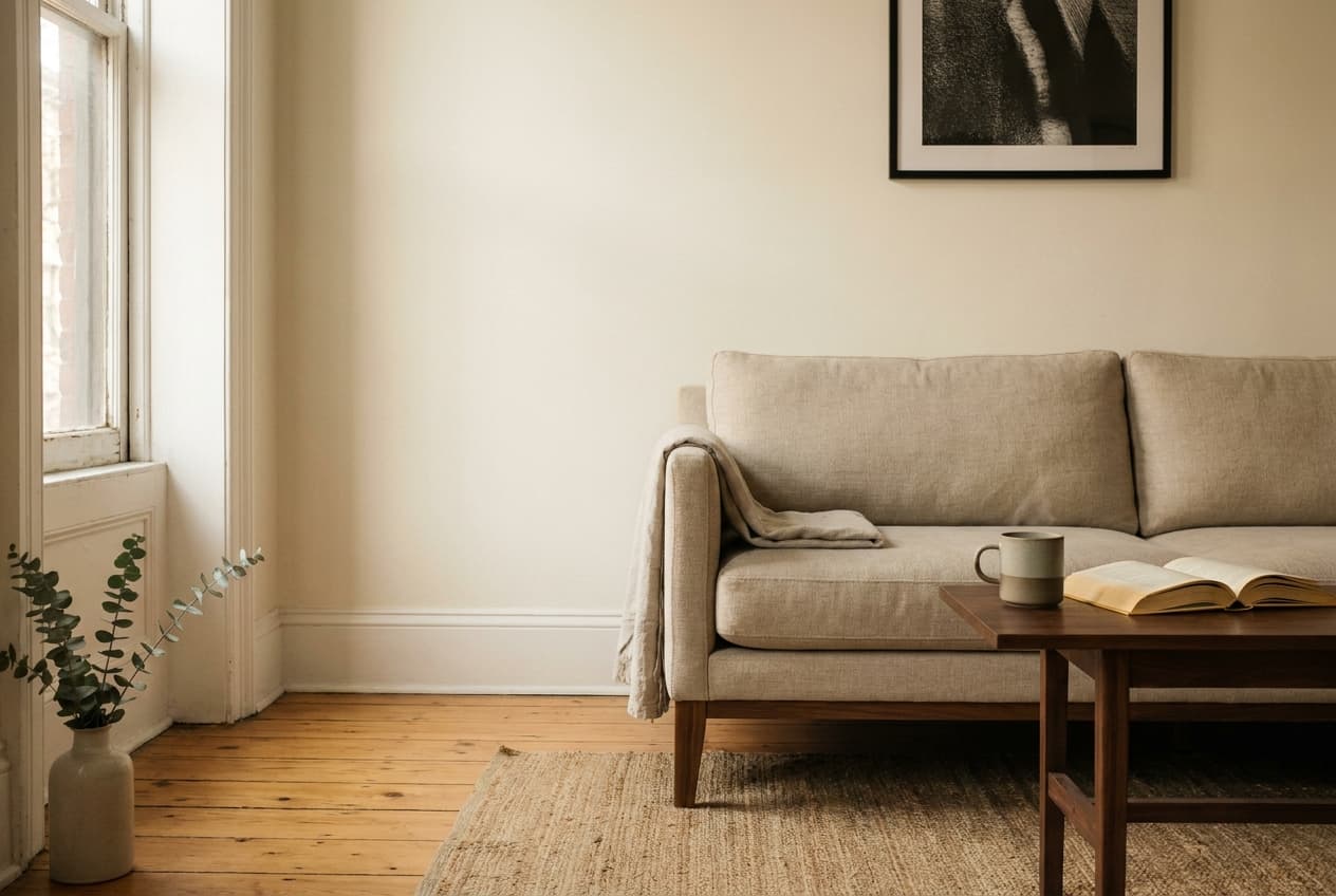A daylit Brooklyn brownstone living room with an oat linen sofa, hardcover book, and ceramic mug. Editorial daylight photography.