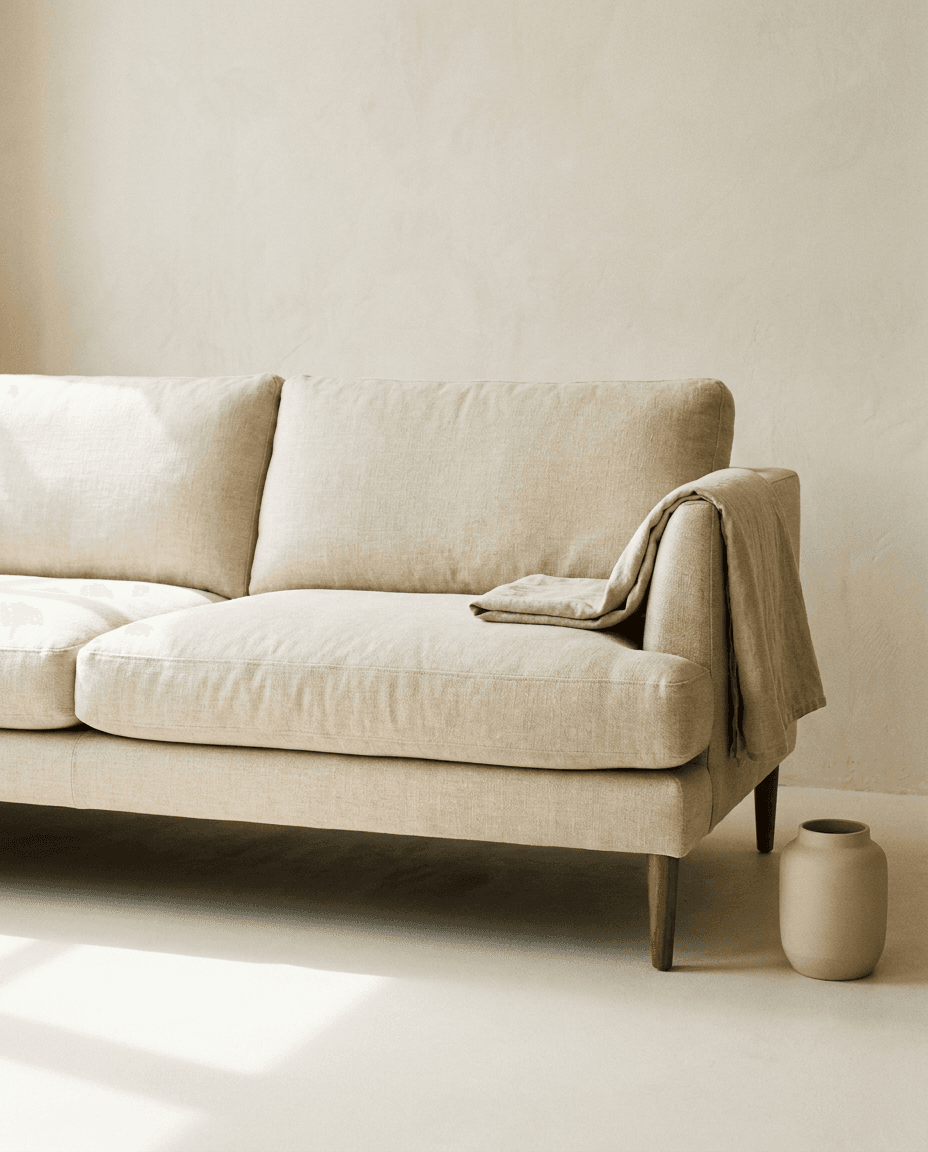 The Reserve sofa, three-quarter editorial view in oat linen with walnut legs